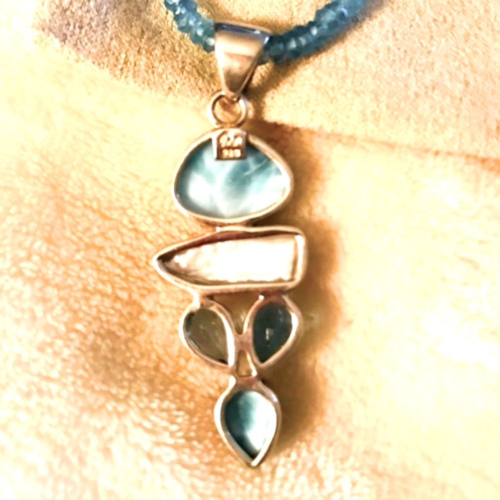 Arya Designs Larimar, Pearl Blue Topaz Sterling Silver Pendant /Beaded Necklace - Picture 7 of 8